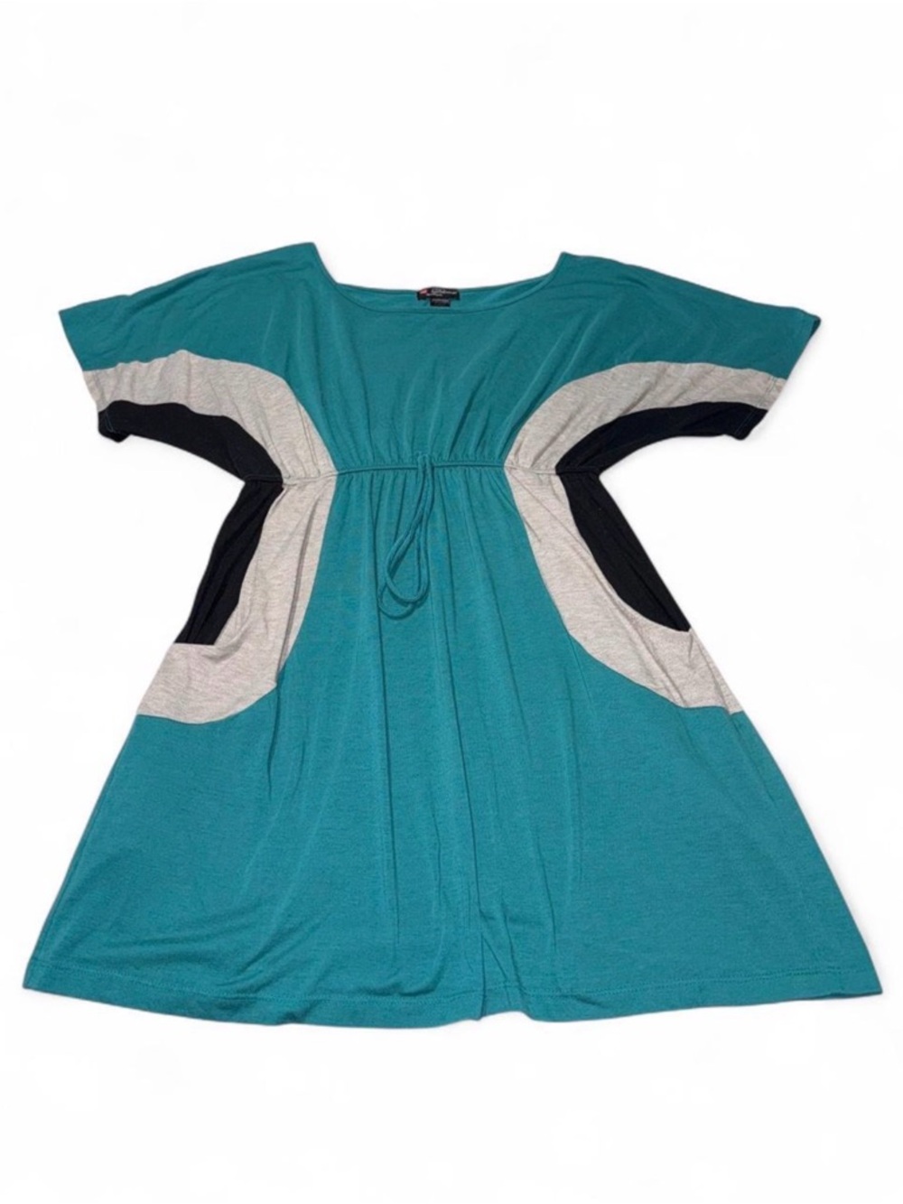 Delirious Teal Colorblock Drawstring Casual Dress with Gray and Black Panels